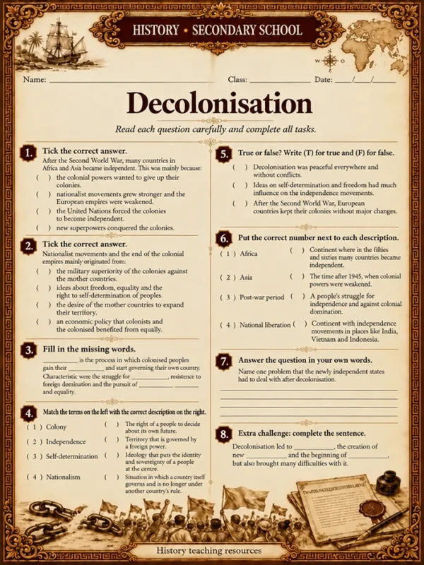 History worksheet: Decolonisation – secondary school