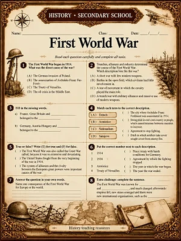 History worksheet: First World War – secondary school