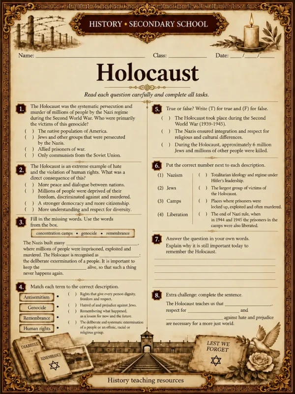 History worksheet: Holocaust – secondary school