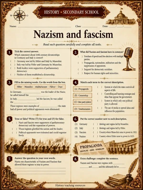 History worksheet: Nazism and Fascism – secondary school